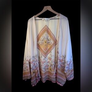 Tantrums Floral Bohemian Cream Kimono Cardigan Sheer Lace Trim Size XXL